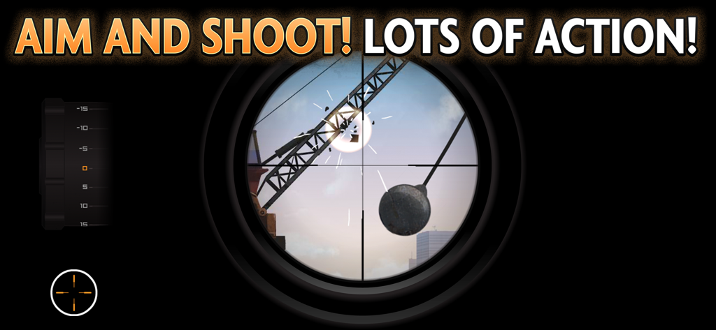 Sniper scope view in Clear Vision 4 aiming at a wrecking ball on a construction crane