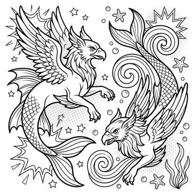 Experience the thrill of mythical creatures with our captivating Sea Griffins coloring page, rendered in an electrifying Pop Art style. This unique design promises a fun and creative escape into a vibrant underwater world.