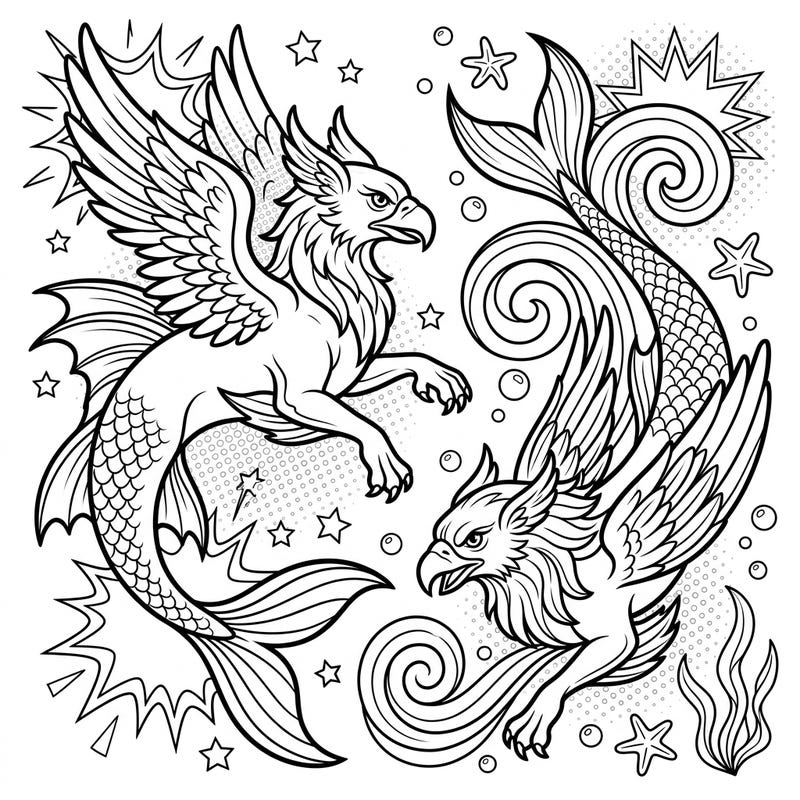 Experience the thrill of mythical creatures with our captivating Sea Griffins coloring page, rendered in an electrifying Pop Art style. This unique design promises a fun and creative escape into a vibrant underwater world.
