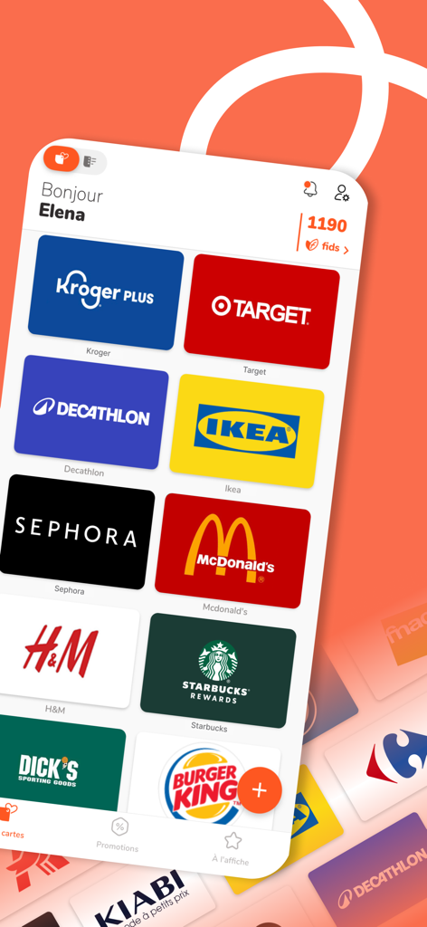Fidme: Loyalty Cards, Cashback - Fidme app interface showing a digital wallet with various loyalty cards from brands like Target and Kroger