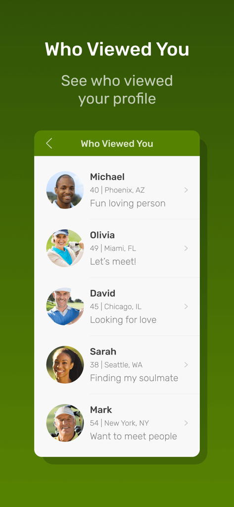 Meet Local Golfers - A mobile app screen showing a list of golfers who viewed a user profile with their age and location