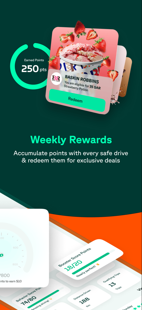 Tree Insurance - Tree Insurance app screen showing weekly rewards and points earned for safe driving behavior