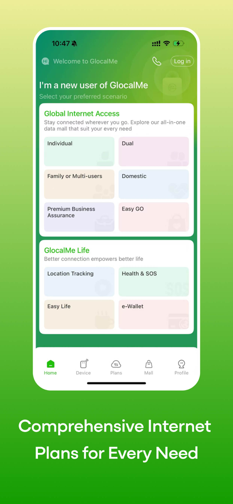 GlocalMe: Mobile Hotspot, eSIM - GlocalMe App Startbildschirm zeigt verschiedene globale Internetzugriffsszenarien für Reisende