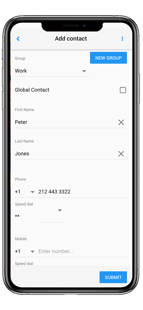 VoIPstudio - Interfaz de la aplicación móvil VoIPstudio para añadir un nuevo contacto profesional