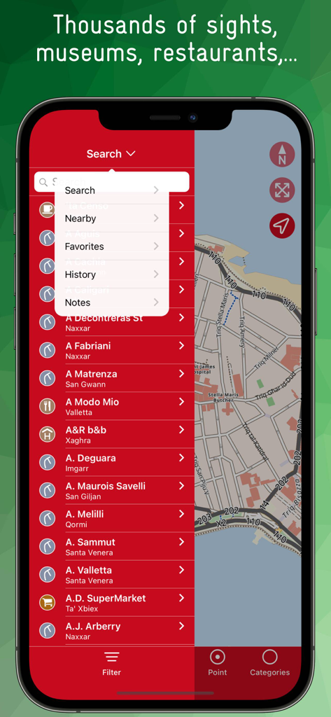 Interface de recherche et vue carte de l'application carte hors ligne Malte et Gozo montrant les points d'intérêt