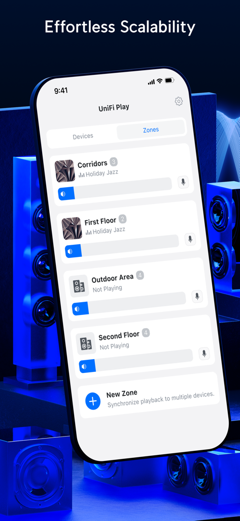 UniFi Play 앱 인터페이스, 가정 또는 사무실을 위한 멀티룸 오디오 존 관리 표시