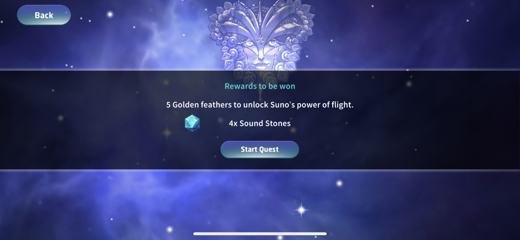 Quest start screen in Sound Storm app showing rewards including golden feathers and sound stones against a cosmic background.