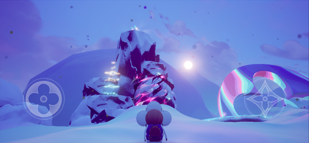 LOUIS THE GAME - Charakter Vivienne steht in einer verschneiten Berglandschaft und blickt auf eine leuchtende Felsformation in LOUIS THE GAME