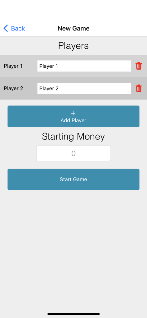Game Money - Setup screen for a new game in the Game Money app showing player management and starting balance input.