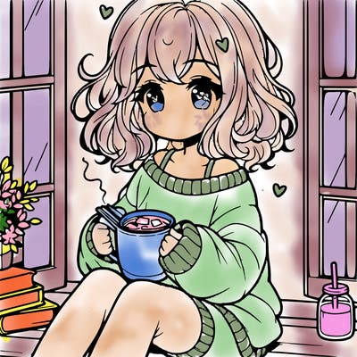 cute anime girl reading book and drinking hot chocolate from mug with loose wavy hair wearing a baggy sweatshirt and shorts sitting by windowsill looking out
