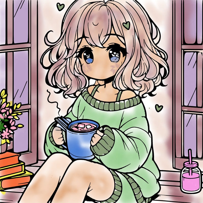 cute anime girl reading book and drinking hot chocolate from mug with loose wavy hair wearing a baggy sweatshirt and shorts sitting by windowsill looking out
