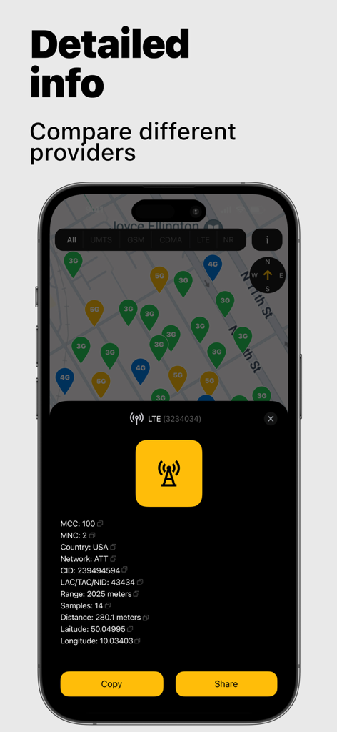 Uma tela de celular mostrando informações técnicas detalhadas para uma torre LTE AT&T em um mapa