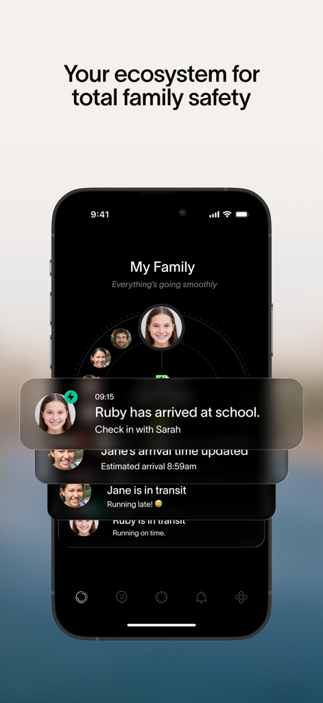 Spacetalk app displaying family safety notifications and location alerts like child arriving at school.