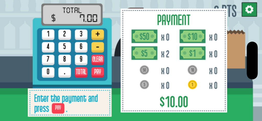 Grocery Cashier - Digital cash register interface showing a seven dollar total and payment with dollar bills