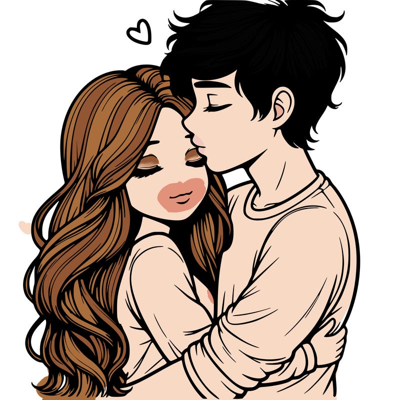 a realistic couple boy and girl hugging and kissing