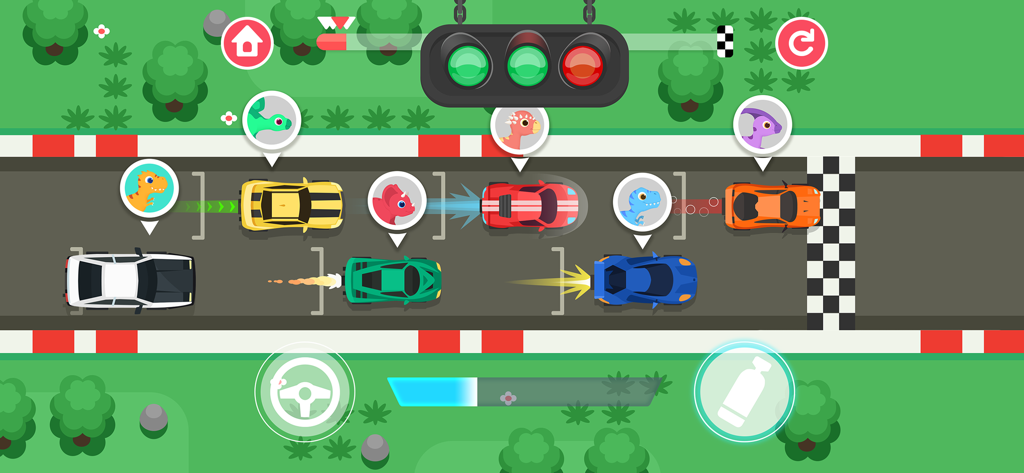Coding for kids - Racing games - Dinosaurs in colorful cars racing on a track with a green light in a top down view