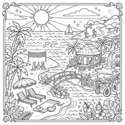 Escape to a stunning continental island for a relaxing summer vacation with this intricate coloring page. Featuring sun-drenched beaches, playful dolphins, and lush tropical flora, it's a perfect blend of adventure and relaxation.