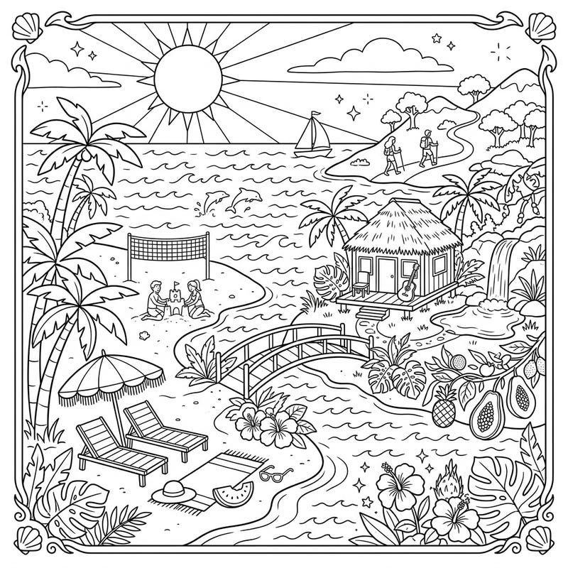 Escape to a stunning continental island for a relaxing summer vacation with this intricate coloring page. Featuring sun-drenched beaches, playful dolphins, and lush tropical flora, it's a perfect blend of adventure and relaxation.