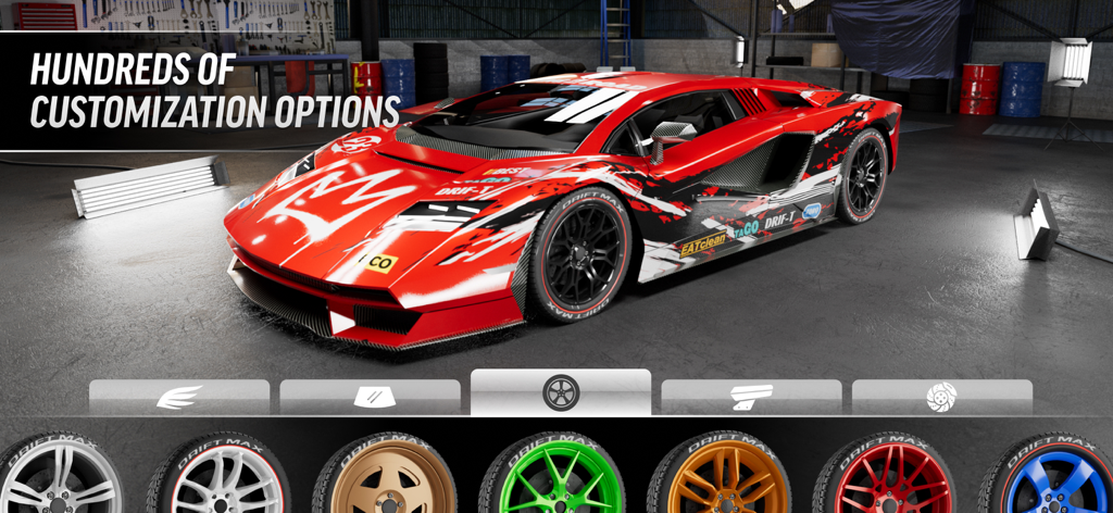 Drift Max Proのガレージで、デカールを施した赤いスポーツカーが様々なリムのカスタマイズオプションを表示している様子。