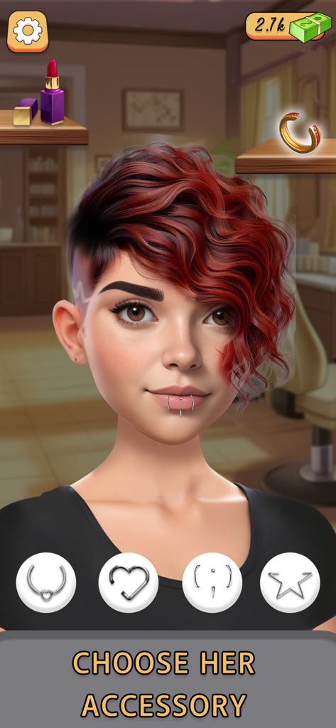 Barber Shop Games Hair Tattoo - Tela de personalização de personagem em Jogos de Barbearia mostrando opções de acessórios para um estiloso penteado vermelho.