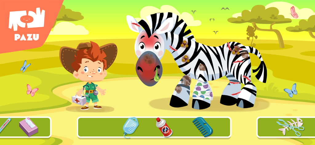 A cartoon veterinarian treating a sick and injured zebra with medical tools in a safari setting