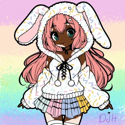 pretty anime girl wearing a fluffy hoodie with bunny ears on the hood and a skirt