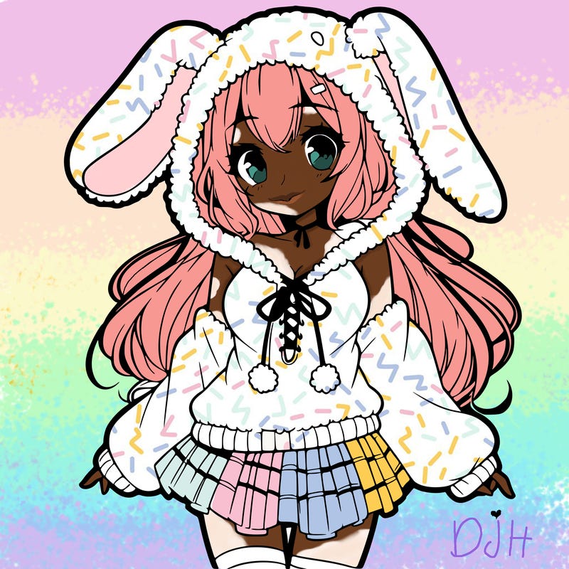 pretty anime girl wearing a fluffy hoodie with bunny ears on the hood and a skirt