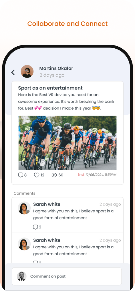 Ediify LMS - Ediify LMSモバイルアプリのフォーラム画面。「協力し、つながる」セクションの下にディスカッション投稿とユーザーコメントを表示