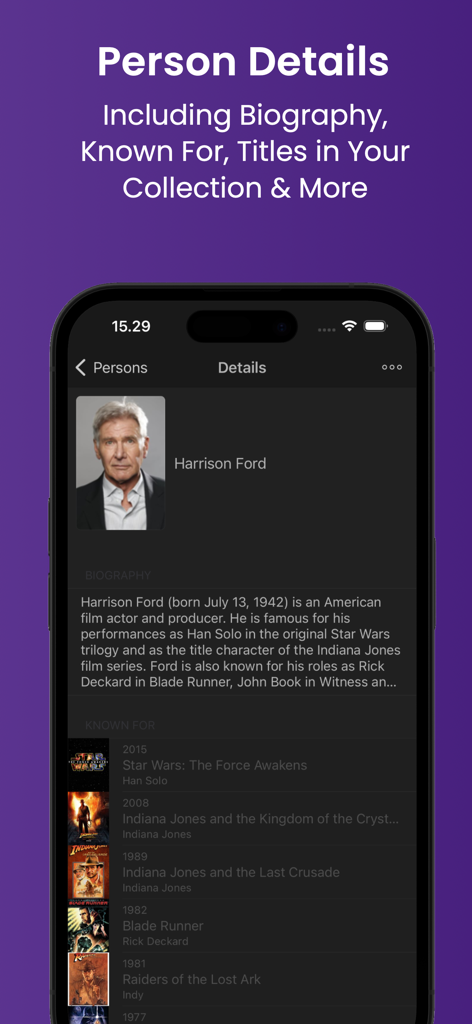 Una pantalla de smartphone que muestra la biografía de Harrison Ford y sus películas conocidas dentro de la aplicación My Movies 5 Pro