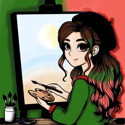 realistic girl artist painting a blank canvas