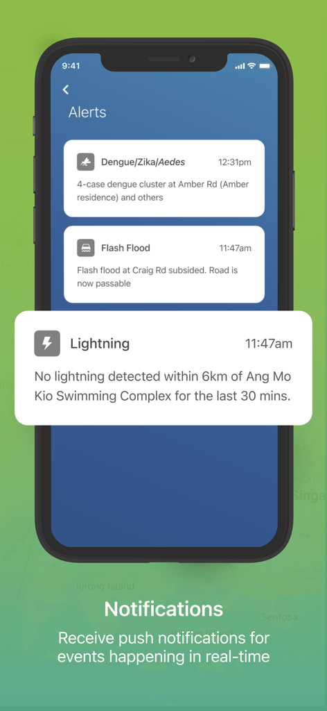 myENV - Smartphone screen displaying real-time environmental alerts for dengue clusters, flash floods, and lightning in the myENV app.