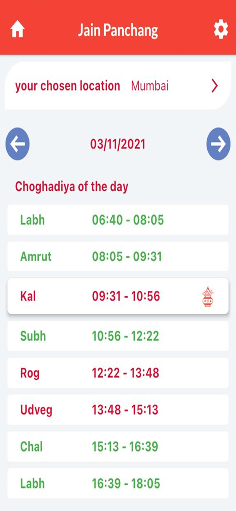 Jain Panchang app screen showing daily Chogadhiya auspicious timings for Mumbai