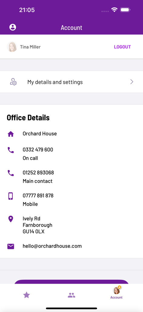 Account screen of the PASSforcare app displaying office contact information for a care facility