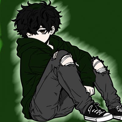 a male hoddie ripped jeans messy hair anime