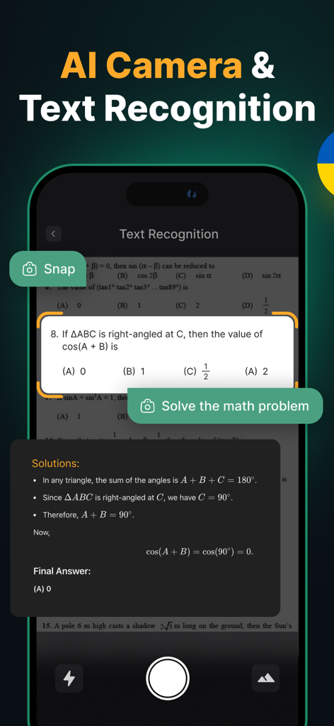 Fonctionnalité caméra et reconnaissance de texte IA capturant un problème mathématique et fournissant une solution étape par étape sur un smartphone