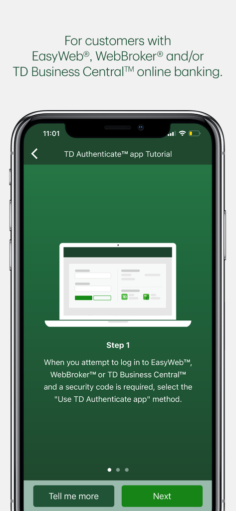 TD Authenticate - TD Authenticate app tutorial screen displaying the first step for logging into online banking services