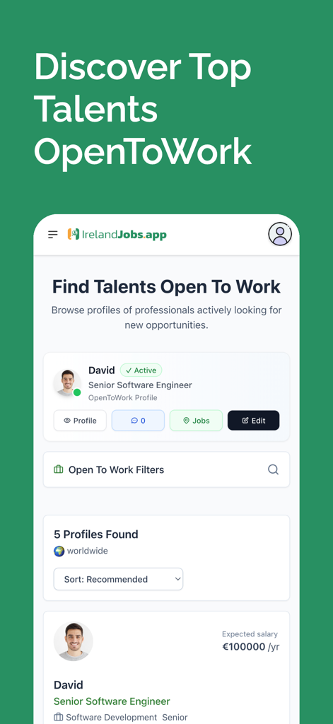 IrelandJobs - Daily Irish Jobs - Screenshot of the IrelandJobs app showing the Find Talents Open To Work section with professional profiles and search filters