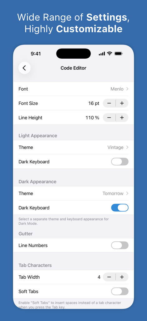 Textastic Code Editor - Textastic code editor settings screen showing font and theme customization options for light and dark modes