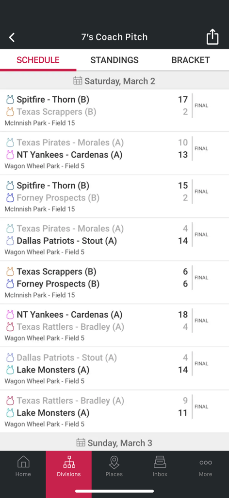 SportsEngine Tourney - SportsEngine Tourney app interface showing a youth sports schedule with final scores and field locations