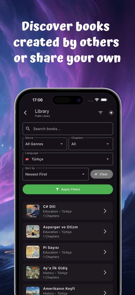 AI Book Generator - A mobile app screen showing the public library section where users can search and filter community created stories.