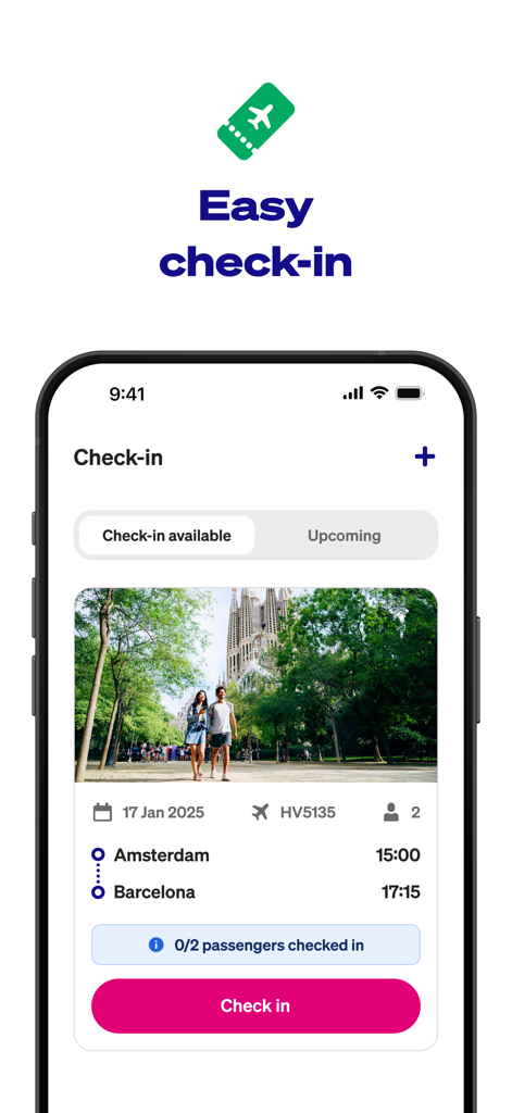 Transavia - Mobile app screen showing the Transavia check-in process for a flight from Amsterdam to Barcelona