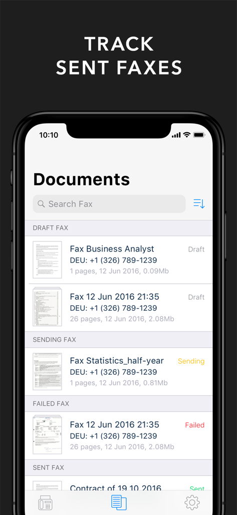 Smartphone screen showing a list of sent and draft faxes in the Fax from iPhone app