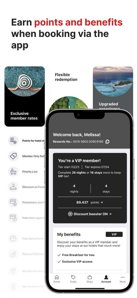 Interface da app Radisson Hotels mostrando status de membro VIP, pontos de recompensa e benefícios exclusivos
