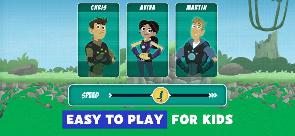 Wild Kratts Rescue Run - Wild Kratts Rescue Run character selection screen featuring Chris Aviva and Martin with a speed adjustment slider