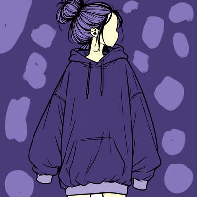 realistic girl with a oversized sweatshirt on and a bun