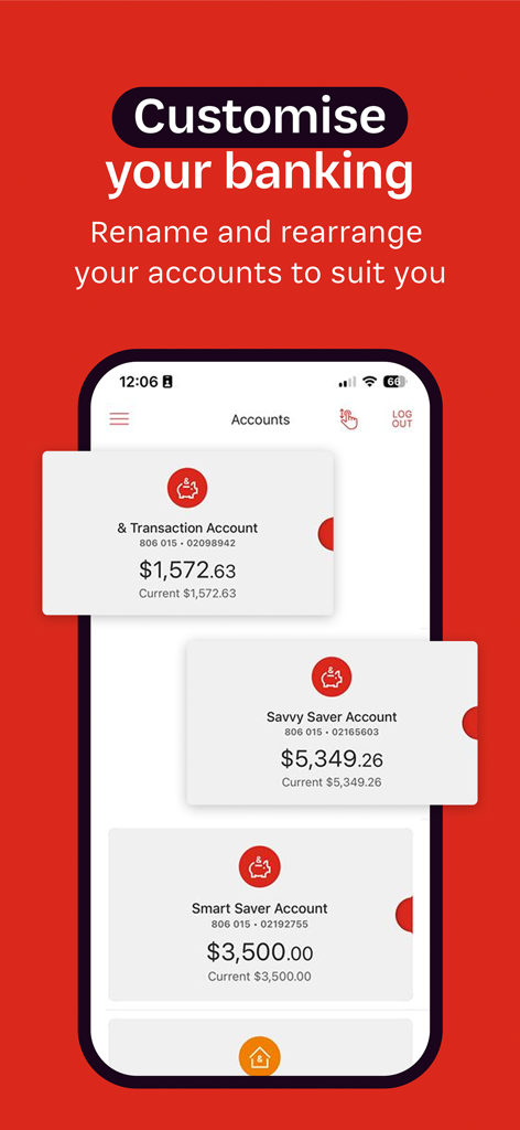 Tela do aplicativo móvel PN Bank mostrando opções para renomear e reorganizar contas bancárias