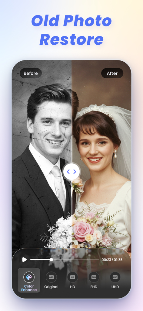 VikPea - AI Video Enhancer - Comparaison avant/après d'une vieille photo de mariage restaurée et colorisée par IA