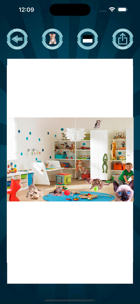 Mobile app interface showing kitten stickers being added to a playroom photo