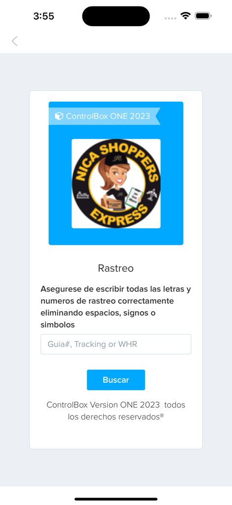 Nica Shopper app tracking screen interface with a search field for shipment tracking numbers and a Buscar button.