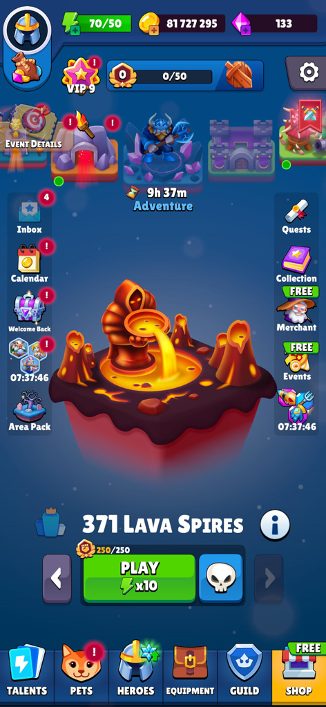 Heroes vs Hordes: Survival RPG - Main menu screen for Heroes vs Hordes Survival RPG featuring the Lava Spires stage and game navigation icons